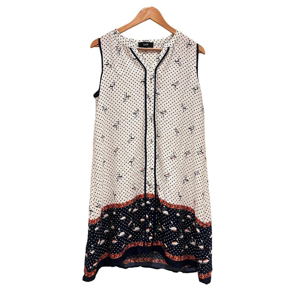 Naif Bird Print Dress Polka Dot Sleeveless Boho Shift XL Coastal Summer Navy